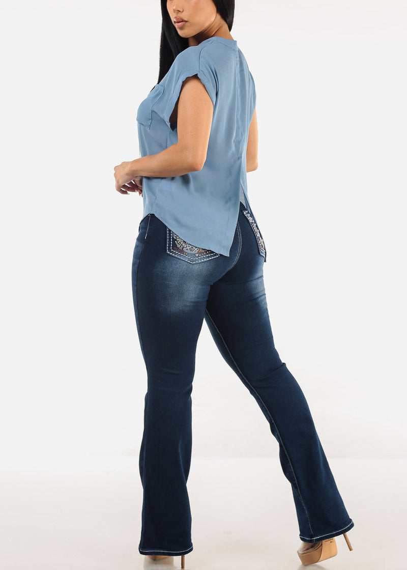 High Waist Dark Stretch Bootcut Jeans w Back Pocket Design