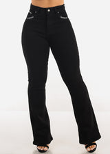 Super High Waist Black Bootcut Jeans w Back Pocket Design