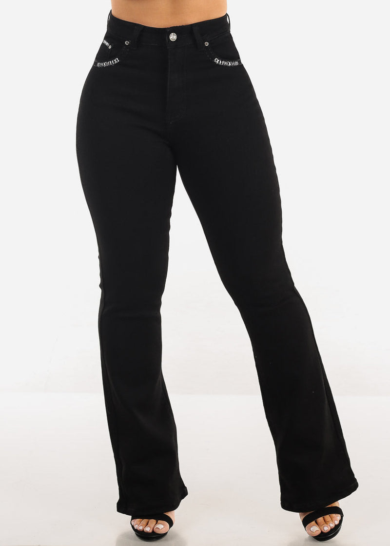 Super High Waist Black Bootcut Jeans w Back Pocket Design