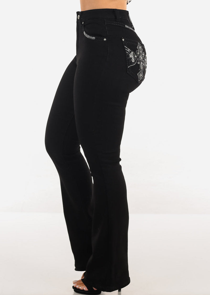 Super High Waist Black Bootcut Jeans w Back Pocket Design
