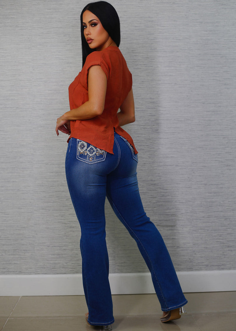 Super High Waist Stretch Indigo Bootcut Jeans w Back Pocket Design