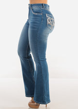 Super High Waist Stretch Indigo Bootcut Jeans w Back Pocket Design