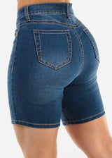 Classic High Waist Mid Thigh Stretch Denim Shorts Med Blue