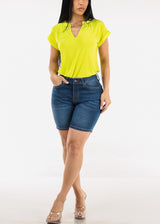 Classic High Waist Mid Thigh Stretch Denim Shorts Med Blue