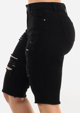 Stretchy Mid Rise Black Ripped Denim Bermuda Shorts