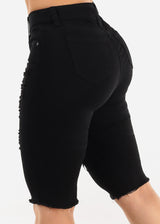 Stretchy Mid Rise Black Ripped Denim Bermuda Shorts