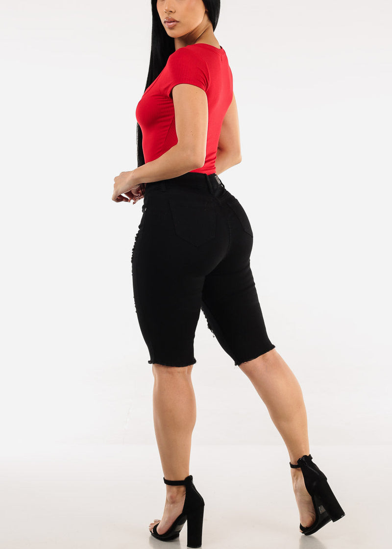 Stretchy Mid Rise Black Ripped Denim Bermuda Shorts
