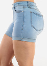 Stretchy Mid Rise Cuffed Denim Shorts Light Blue