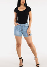 Stretchy Mid Rise Cuffed Denim Shorts Light Blue