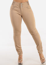 Butt Lift Mid Rise Khaki Stretch Skinny Jeans