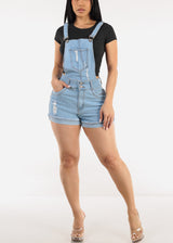 Butt Lift Sleeveless Distressed Light Denim Short Overalls