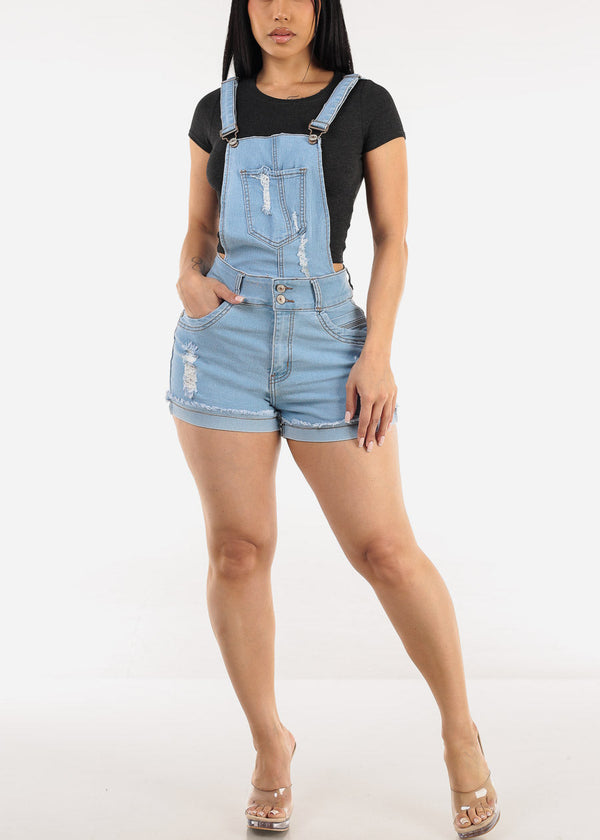 Butt Lift Sleeveless Distressed Light Denim Short Overalls