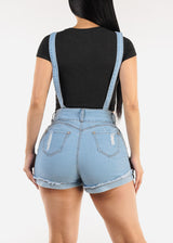 Butt Lift Sleeveless Distressed Light Denim Short Overalls