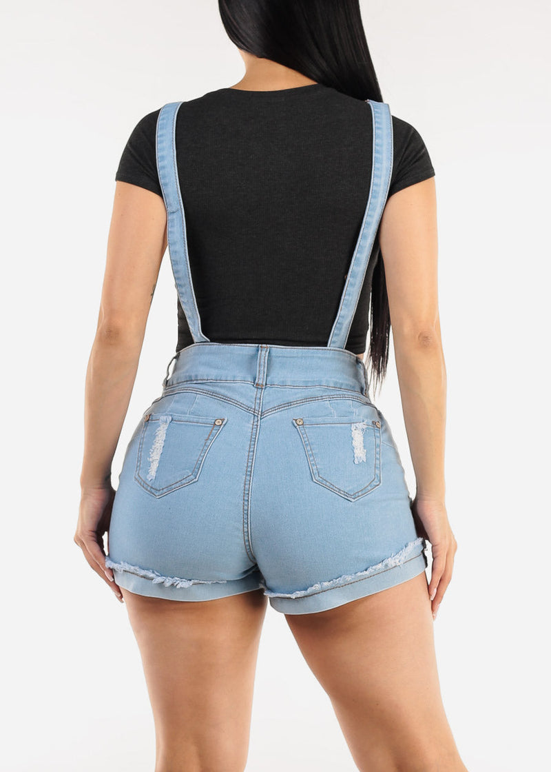 Butt Lift Sleeveless Distressed Light Denim Short Overalls