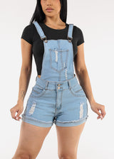 Butt Lift Sleeveless Distressed Light Denim Short Overalls