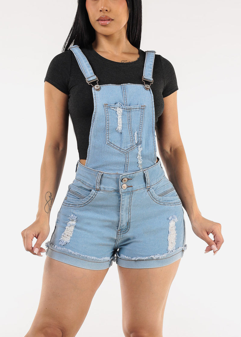 Butt Lift Sleeveless Distressed Light Denim Short Overalls