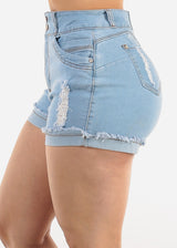 Butt Lift Sleeveless Distressed Light Denim Short Overalls
