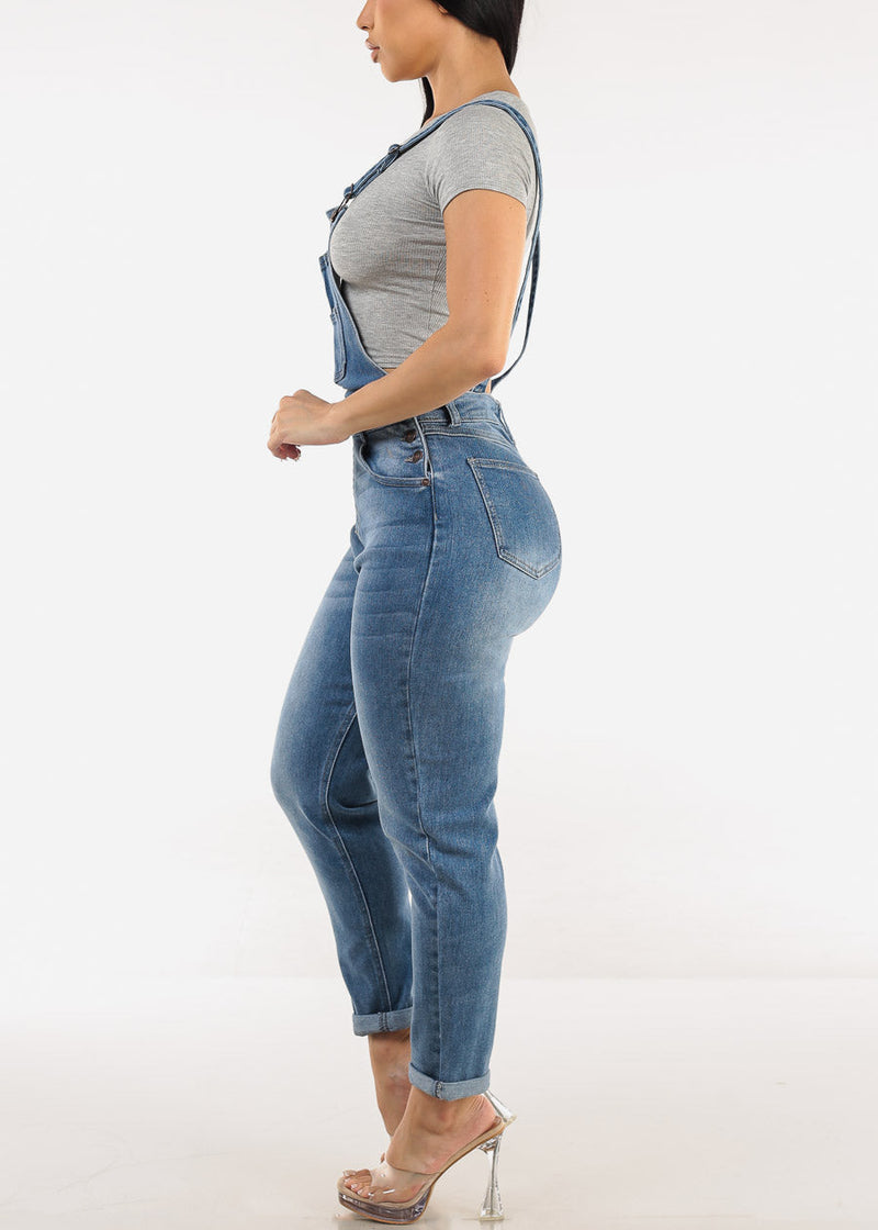 Buckle Strap Stretch Skinny Denim Overalls Med Wash