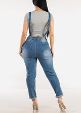 Buckle Strap Stretch Skinny Denim Overalls Med Wash