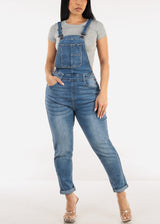 Buckle Strap Stretch Skinny Denim Overalls Med Wash