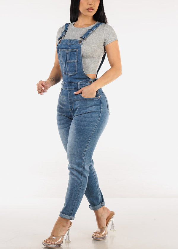 Buckle Strap Stretch Skinny Denim Overalls Med Wash