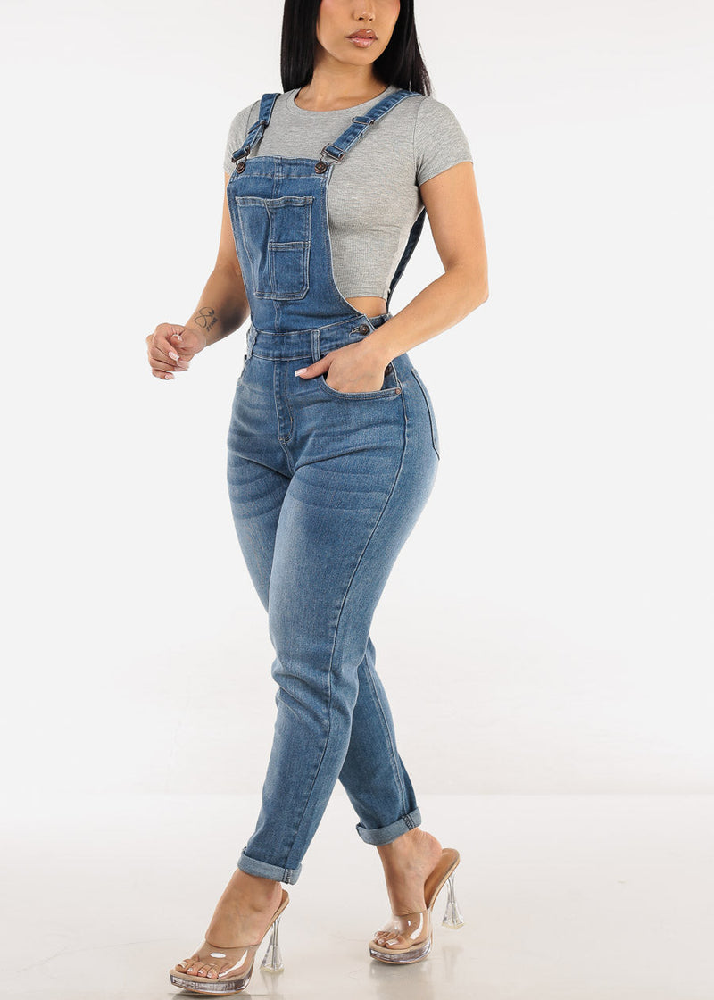 Buckle Strap Stretch Skinny Denim Overalls Med Wash