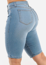 Stretchy Mid Rise Ripped Light Denim Bermuda Shorts