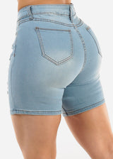 Stretchy Mid Rise Mid Thigh Ripped Light Denim Shorts