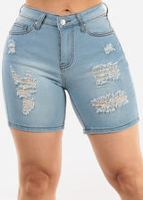 Stretchy Mid Rise Mid Thigh Ripped Light Denim Shorts