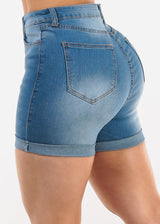 Super High Waist Stretchy Cuffed Denim Shorts Blue