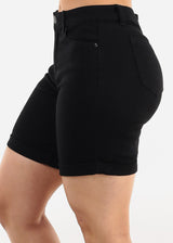 Stretchy Mid Rise Mid Thigh Cuffed Denim Shorts Black