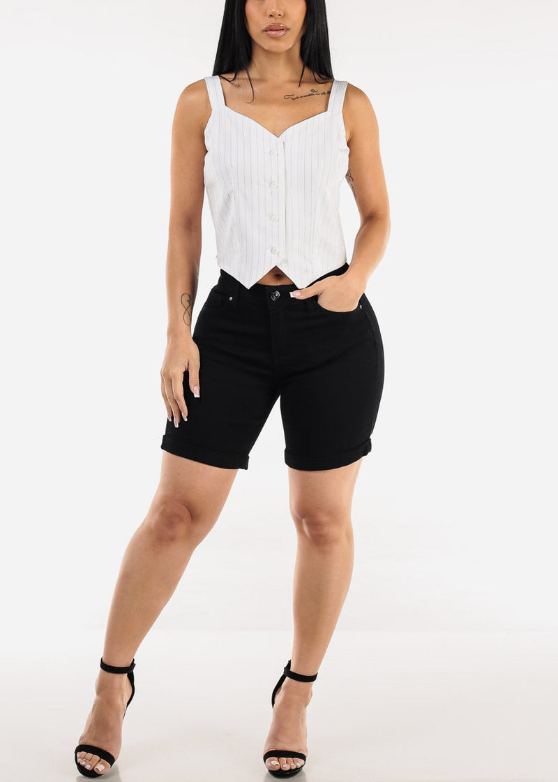 Stretchy Mid Rise Mid Thigh Cuffed Denim Shorts Black