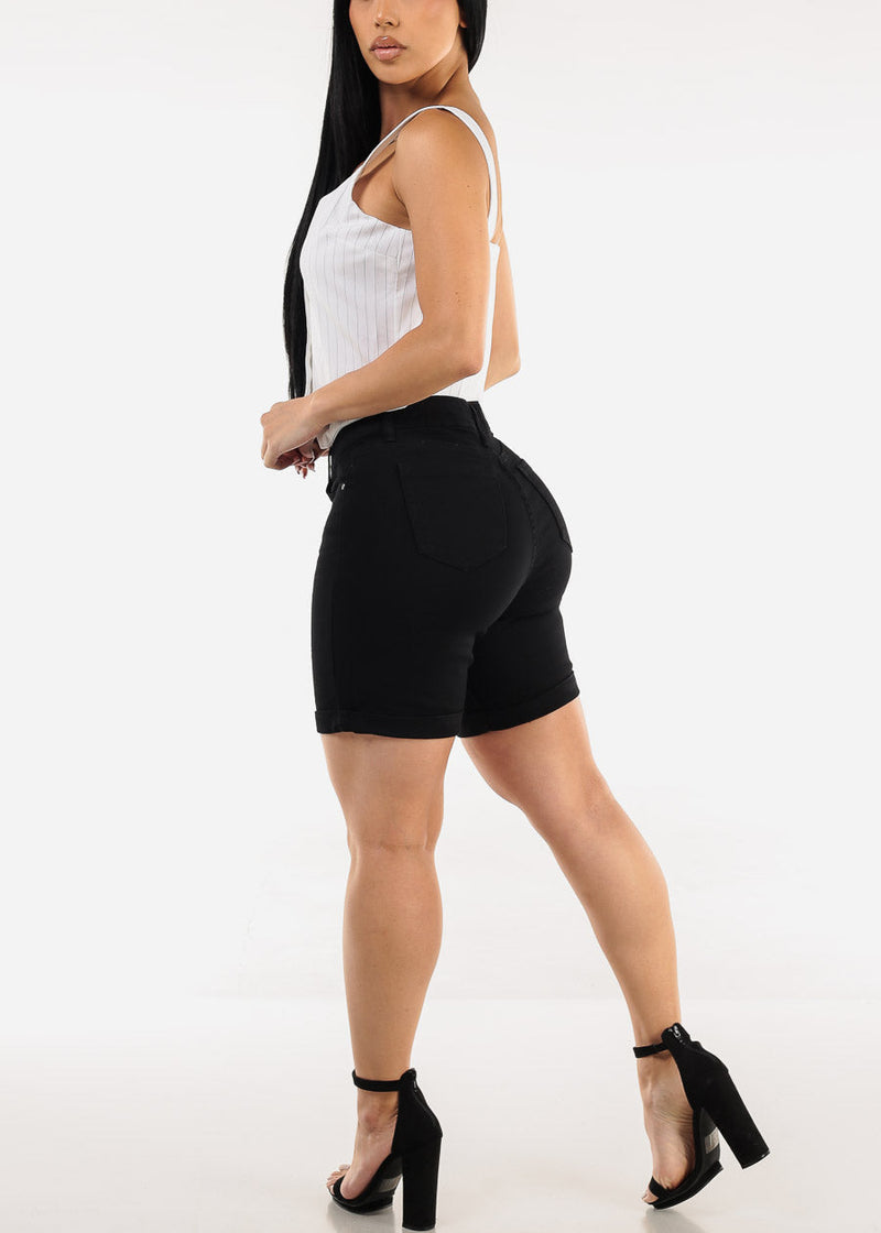 Stretchy Mid Rise Mid Thigh Cuffed Denim Shorts Black