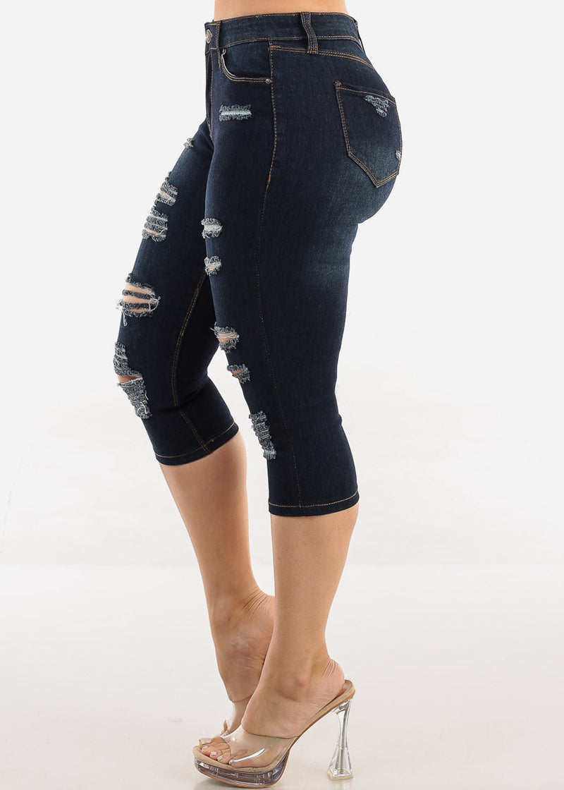 Stretchy Mid Rise Ripped Denim Capris Dark Blue