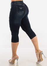 Stretchy Mid Rise Ripped Denim Capris Dark Blue