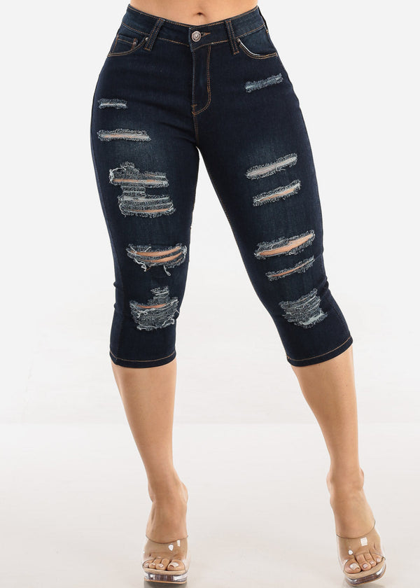 Stretchy Mid Rise Ripped Denim Capris Dark Blue