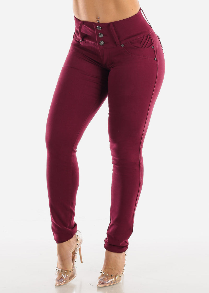 MX JEANS Burgundy Butt Lift Levanta Cola Skinny Jeans