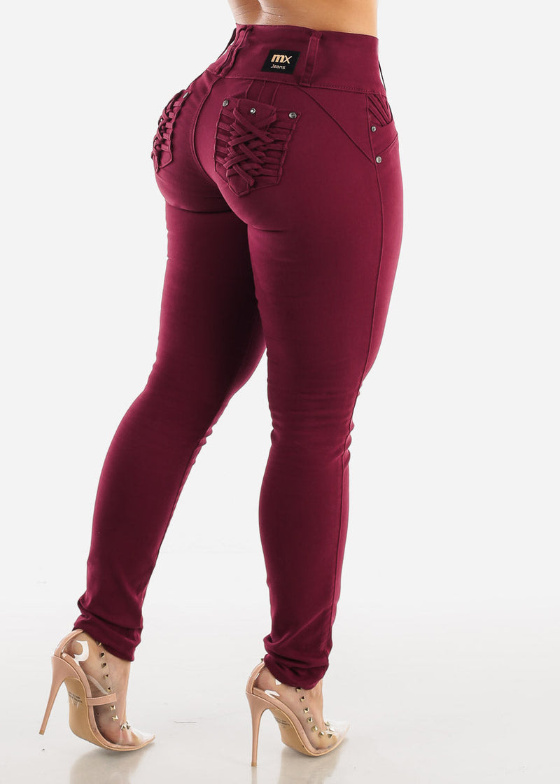 MX JEANS Burgundy Butt Lift Levanta Cola Skinny Jeans