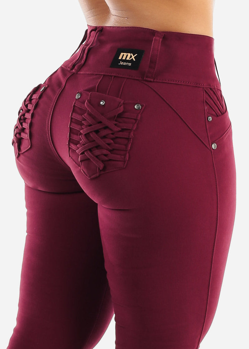 MX JEANS Burgundy Butt Lift Levanta Cola Skinny Jeans