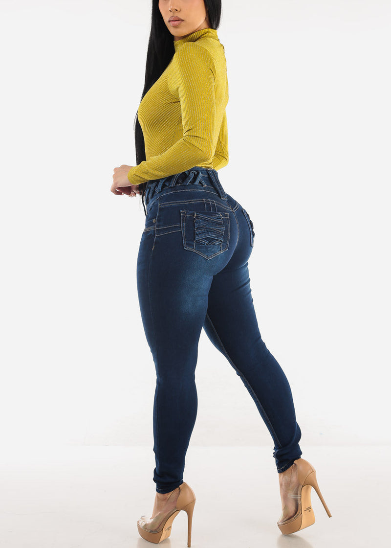 MX JEANS Butt Lift High Waist Dark Skinny Jeans w Lace Up Design