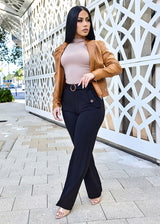 Black High Waist Wide Leg Straight Dressy Pants w Belt