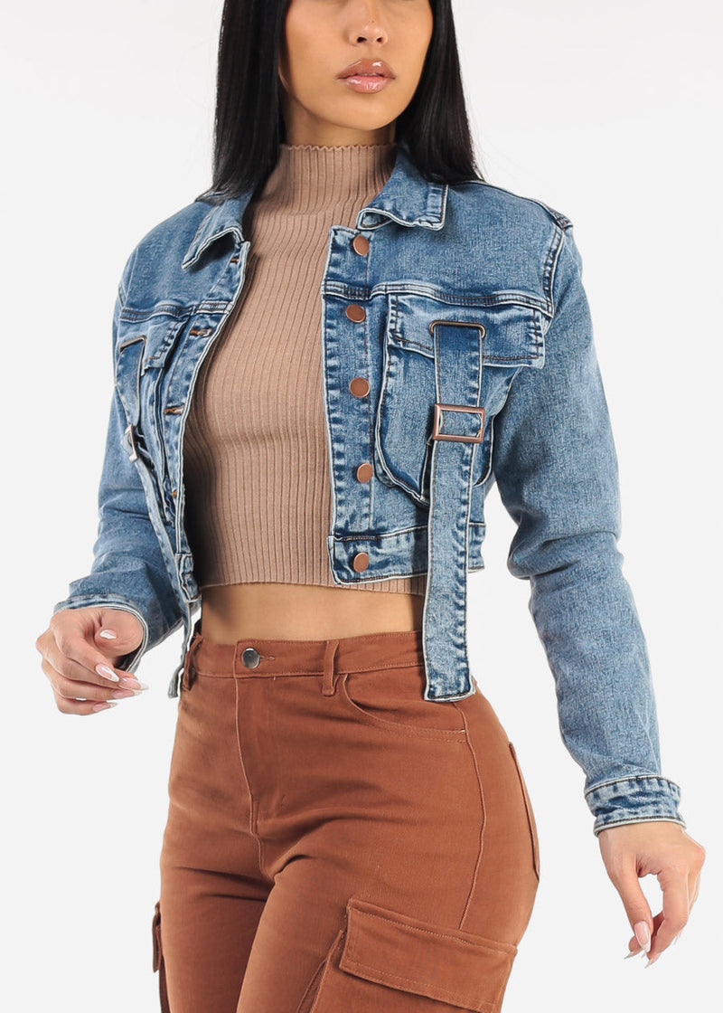 Blue Long Sleeve Button Up Crop Denim Jacket