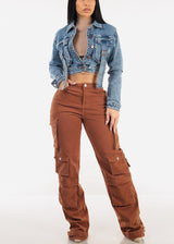 Blue Long Sleeve Button Up Crop Denim Jacket
