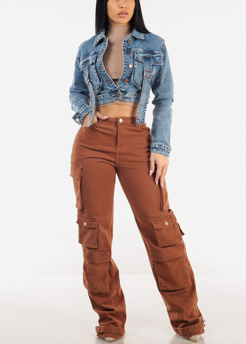 Blue Long Sleeve Button Up Crop Denim Jacket