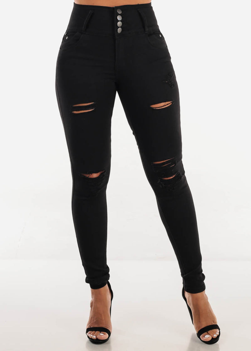 Ultra High Waisted Black Butt Lifting Ripped Skinny Jeans