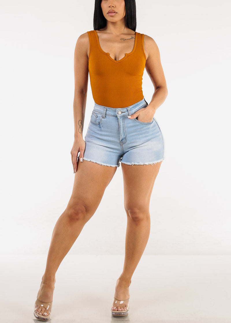 High Waist Cut Off Stretch Light Denim Shorts