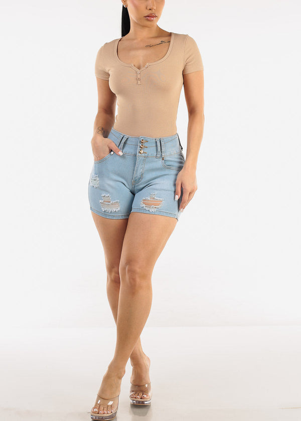 Butt Lift Distressed Light Denim Shorts