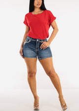 Embroidered High Waist Stretch Denim Shorts Dark Stone Wash