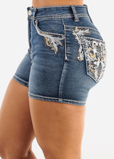 Embroidered High Waist Stretch Denim Shorts Dark Stone Wash