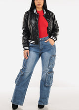Super High Waist Straight Wide Leg Cargo Jeans Med Blue